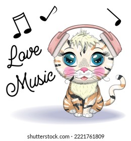 Cartoon cat music lover in headphones listens to music, concert. Cute child character, symbol of 2023 new chinese year