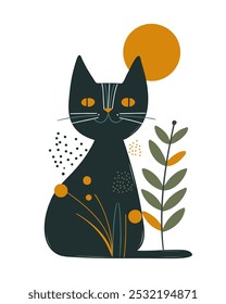 Cartoon cat with natural motifs in design