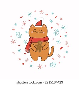 Cartoon cat in a New Year's hat and scarf with a gingerbread man. Christmas, New Year. Confetti, snow, snowflakes and cat tracks. Cute kitten and sweets. Traditional homemade pastries. Vector .