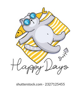 Cartoon cat on the beach. Happy Days vector illustration. Print for t shirt, card, poster. Funny lifestyle illustration.
