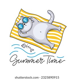 Cartoon cat on the beach. Summer time vector illustration. Print for t shirt, card, poster. Funny lifestyle illustration.