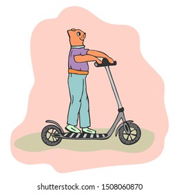 cartoon cat on electric scooter. eps10 vector illustration. hand drawing. 