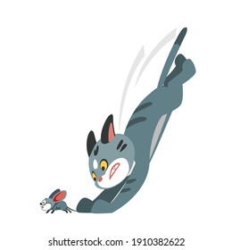 Cartoon cat on the hunt caught a small mouse. Vector illustration of a character isolated on a white background.