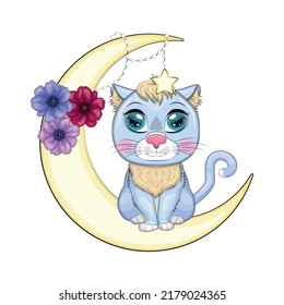 Cartoon cat on the moon with flowers. Cute child character, symbol of 2023 new chinese year.