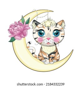 Cartoon cat on the moon with flowers. Cute child character, symbol of 2023 new chinese year.