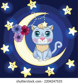 Cartoon cat on the moon with flowers. Cute child character, symbol of 2023 new chinese year.