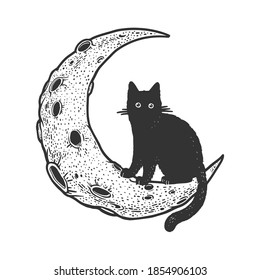 Cartoon cat Moon sketch engraving vector illustration  T  shirt apparel print design  Scratch board imitation  Black   white hand drawn image 