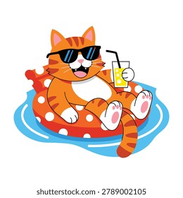 A cartoon cat on a red and white inflatable float wearing sunglasses and holding a drink