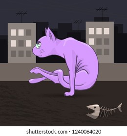 cartoon cat on the roof doing yoga - vector illustration