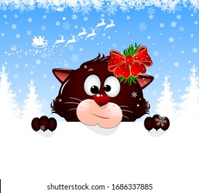 Cartoon cat on a winter background with snowflakes. Feline portrait close-up. Cat face, snowflakes, Santa Claus on deers, forest. Greeting card Merry Christmas and Happy New Year.