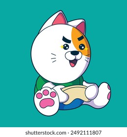 a cartoon cat with an orange pattern on its head is sitting playing a game, holding a game stick