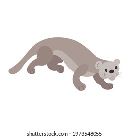 Cartoon cat otter on the hunt. Wildlife, exotic fauna, river dweller. Happy animal, cute character, baby. Hand-drawn vector. For children illustrations, print, the Internet.