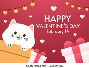 Cartoon cat in Paper box. Valentine's Day greeting card.