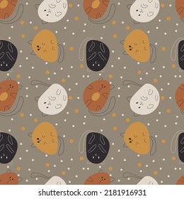 Cartoon cat pattern. Blob cats. Handdrawn simple childish seamless pattern with cats and polka dots.  For fabric, textile, wallpapers, prints.