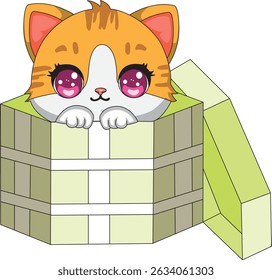 Cartoon Cat Peeking Out Of A Gift Box Vector