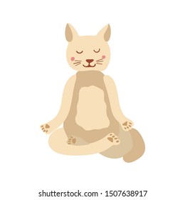 Cartoon cat performing yoga exercise. Scandinavian style character sitting in lotus posture and meditating vipassana meditation Isolated in beige colours. For children. Flat vector illustration