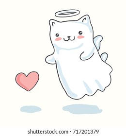 Cartoon Cat pictured as a little Angel with wings, halo and heart. Vector illustration.