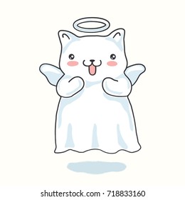 Cartoon cat pictured as a little angel with wings, halo and shadows. Vector illustration. Isolated on beige background.