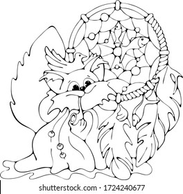 Cartoon Cat with a pipe and a Dreamcatcher, black and white isolated vector doodle stock illustration, print for coloring, books, greeting / invitation card, t-shirt, fabric or logo