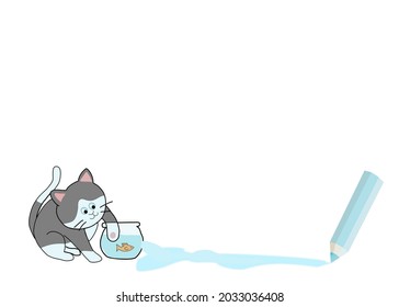 Cartoon  cat play with fish in a bowl . Isolate on white background. Vector illustration.