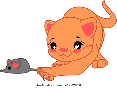 Cartoon cat play with plush mouse.