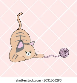 Cartoon  cat play with yarn ball. Isolate on sweet gingham background. Vector illustration.