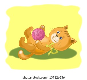 Cartoon, cat playing with a ball of wool yarn. Eps10, contains transparencies. Vector