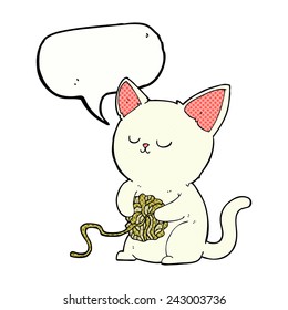 cartoon cat playing with ball of yarn with speech bubble