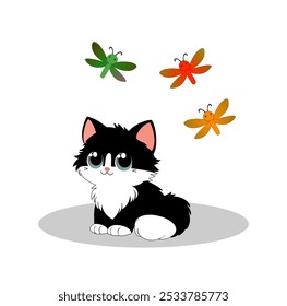 Cartoon Cat Playing With Dragon Flay Vector Illustration