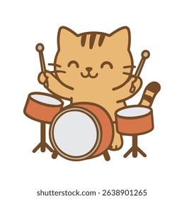 Cartoon cat playing drums happily