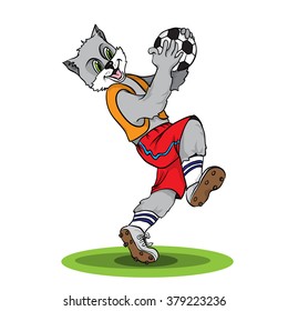 Cartoon cat playing soccer, vector illustration. isolated