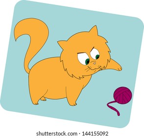 Cartoon cat plays with a ball of wool. Vector illustration.
