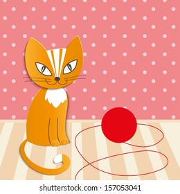 cartoon cat plays with a ball of wool - Illustration