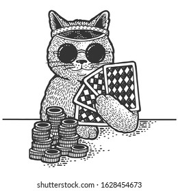 Cartoon cat poker player sketch engraving vector illustration. T-shirt apparel print design. Scratch board imitation. Black and white hand drawn image.