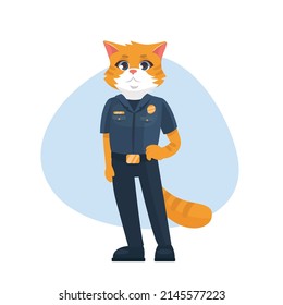 Cartoon cat policeman in uniform. Flat vector illustration
