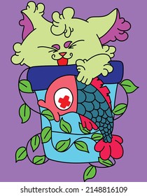 cartoon cat in a pot with one hand out holding a fish