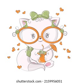 Cartoon cat with pumpkin cocktail. Vector illustration of Halloween animal. Cute little illustration Halloween cat for kids, fairy tales, covers, baby shower, textile t-shirt, baby book.