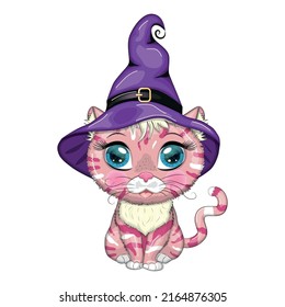 Cartoon cat in purple witch hat with broom, pumpkin, potion. Halloween character, poster. Cute child character, symbol of 2023 new chinese year