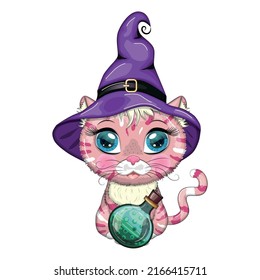 Cartoon cat in purple witch hat with broom, pumpkin, potion. Halloween character, poster. Cute child character, symbol of 2023 new chinese year