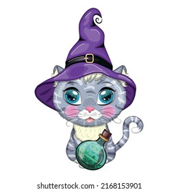 Cartoon cat in purple witch hat with broom, pumpkin, potion. Halloween character, poster. Cute child character, symbol of 2023 new chinese year