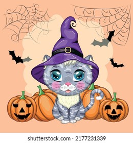 Cartoon cat in purple witch hat with broom, pumpkin, potion. Halloween character, poster. Cute child character, symbol of 2023 new chinese year