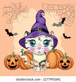Caricatura de gato con sombrero de bruja morado con escoba, calabaza, poción. Caricatura de Halloween, afiche. Carácter infantil lindo, símbolo del nuevo año chino 2023