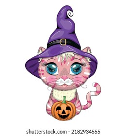 Cartoon cat in purple witch hat with broom, pumpkin, potion. Halloween character, poster. Cute child character, symbol of 2023 new chinese year