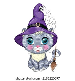 Cartoon cat in purple witch hat with broom, pumpkin, potion. Halloween character, poster. Cute child character, symbol of 2023 new chinese year