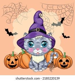 Cartoon cat in purple witch hat with broom, pumpkin, potion. Halloween character, poster. Cute child character, symbol of 2023 new chinese year