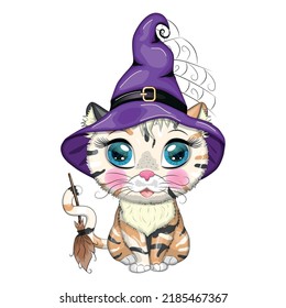 Cartoon cat in purple witch hat with broom, pumpkin, potion. Halloween character, poster. Cute child character, symbol of 2023 new chinese year