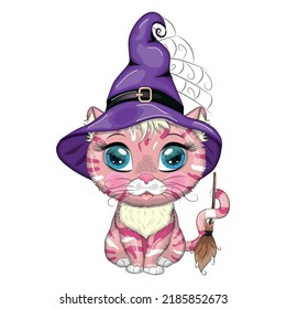 Cartoon cat in purple witch hat with broom, pumpkin, potion. Halloween character, poster. Cute child character, symbol of 2023 new chinese year