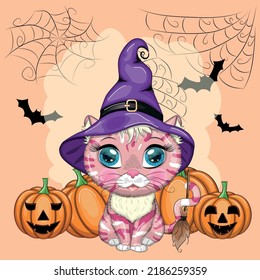 Cartoon cat in purple witch hat with broom, pumpkin, potion. Halloween character, poster. Cute child character, symbol of 2023 new chinese year