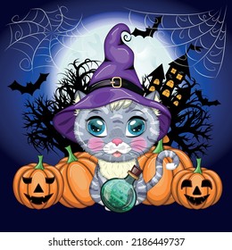 Cartoon cat in purple witch hat with broom, pumpkin, potion. Halloween character, poster. Cute child character, symbol of 2023 new chinese year