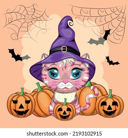 Cartoon cat in purple witch hat with broom, pumpkin, potion. Halloween character, poster. Cute child character, symbol of 2023 new chinese year